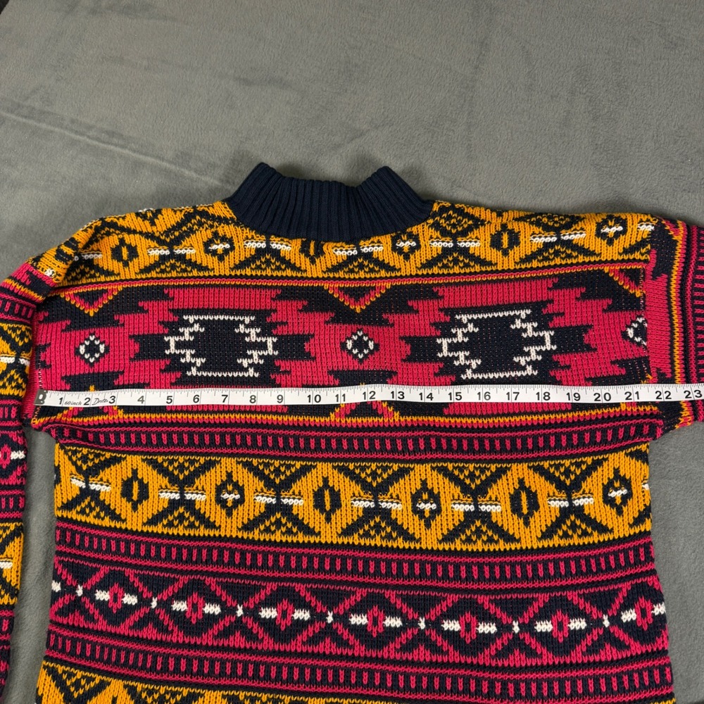 Vintage Southwestern Geometric Knit Mock Neck Sweater Navy Pink Yellow Medium